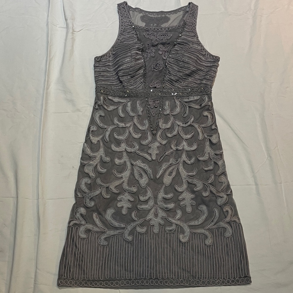 Sue Wong Gray Embroidered Midi Dress